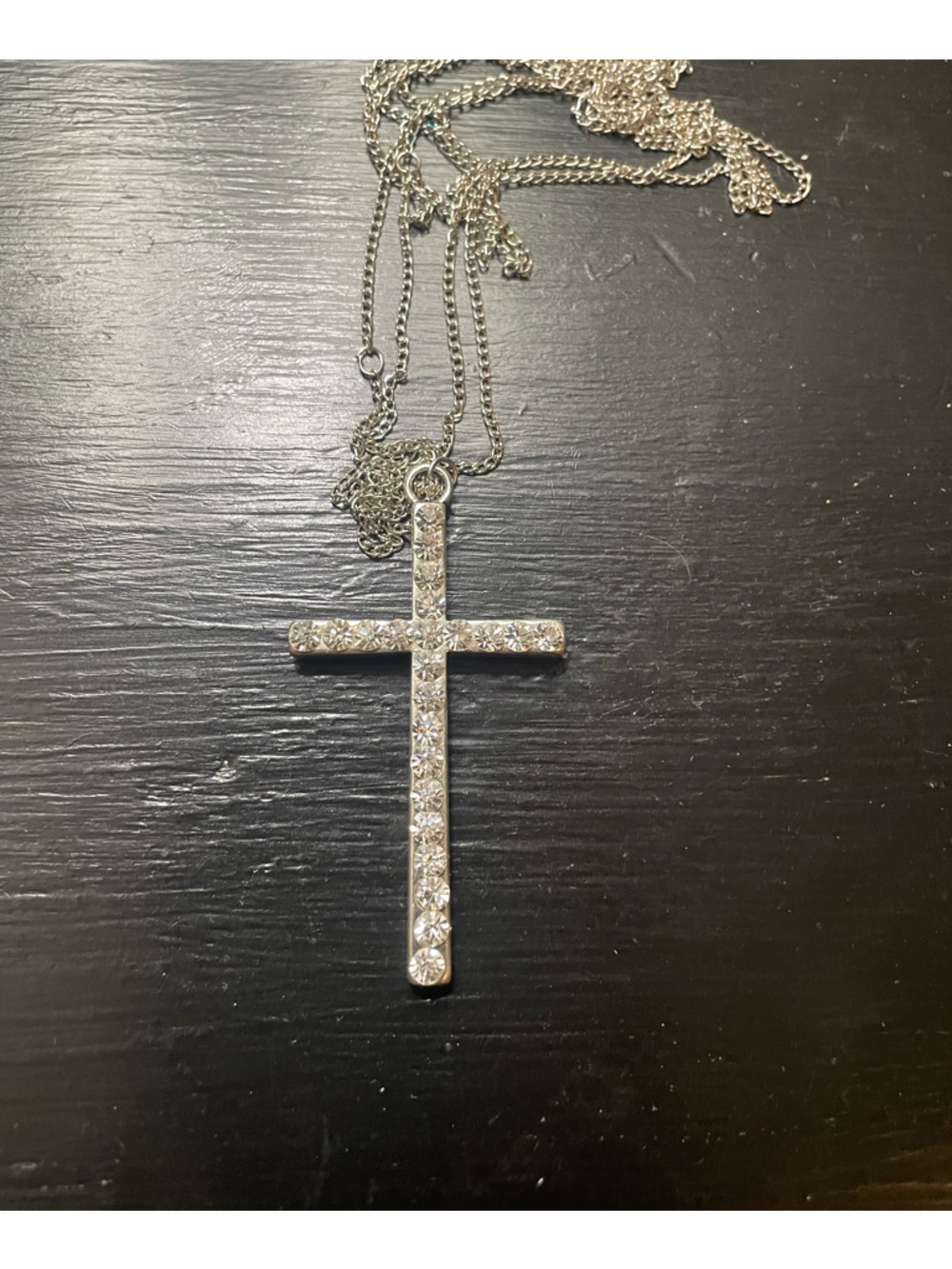 Rhinestone Cross Pendant Necklace - Silver Tone